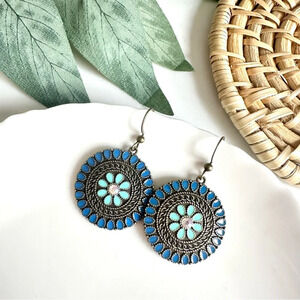 2/$30🌵 Bohemian Blue Sky Mandala Earrings Circle Antiqued Dangle Vintage Style